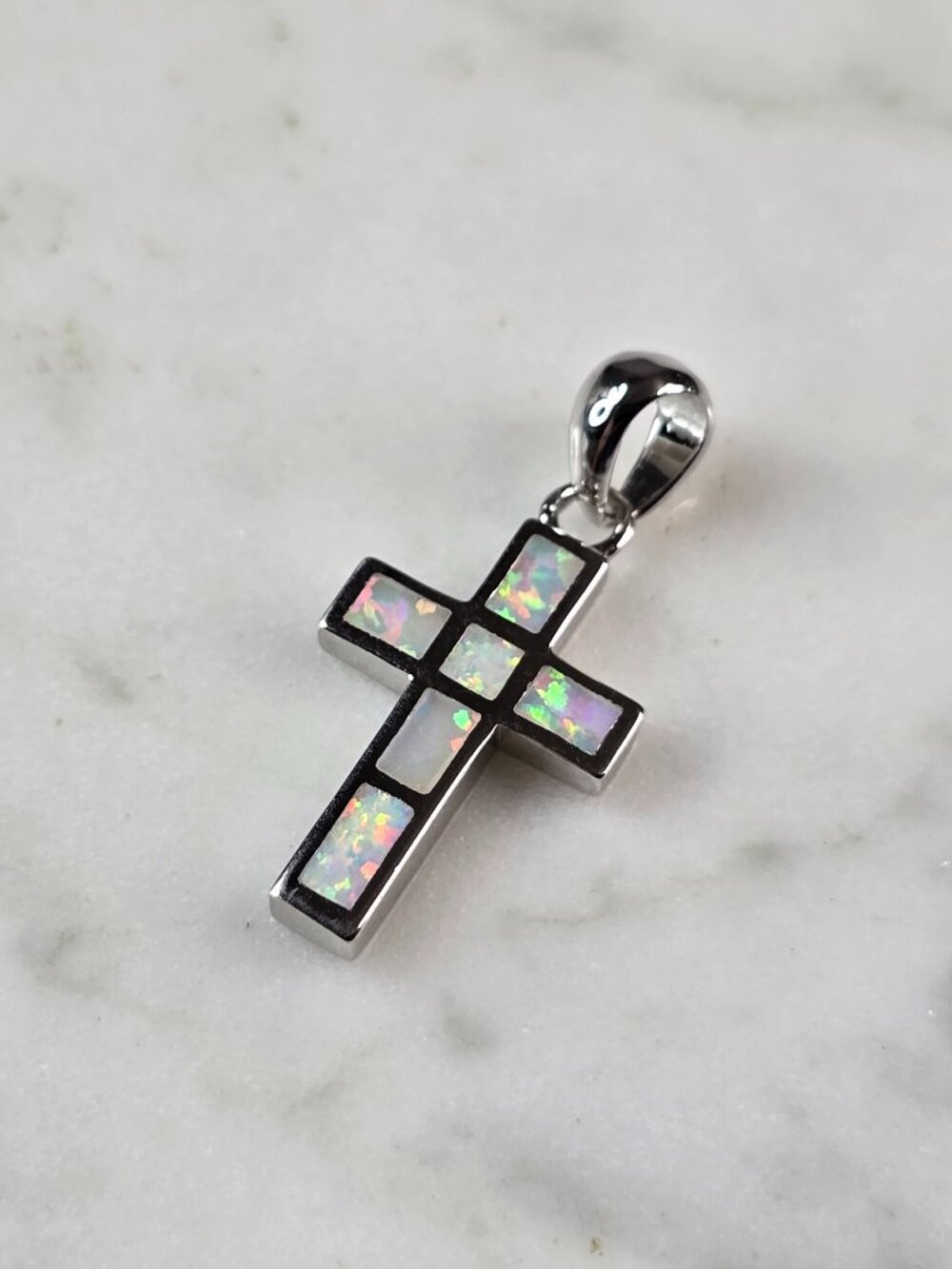 Womens Sterling Silver Opal Religious Cross Pendant 1.8g E842